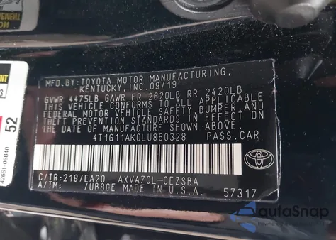 2020 Toyota Camry Se from USA, damaged, VIN 4T1G11AK0LU860328